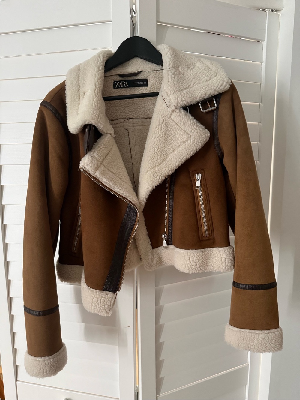 ZARA Brown Suede Shearling-Lined Aviator Jacket with Cream Trim